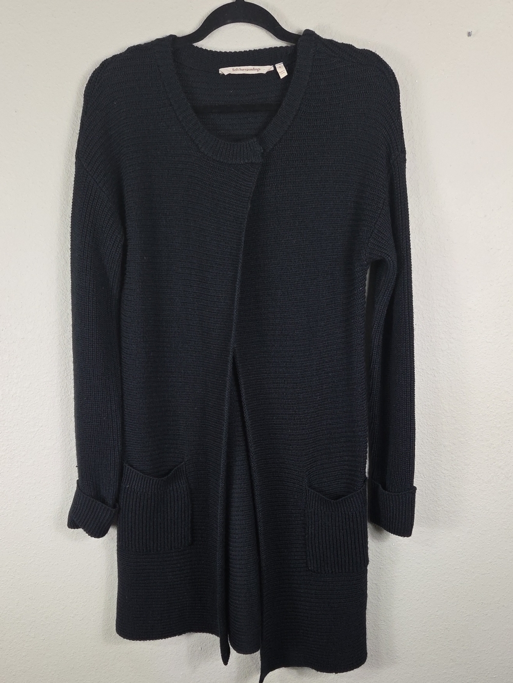 Soft Surroundings Black Textured Wool Blend Open Front Cardigan Sweater Small